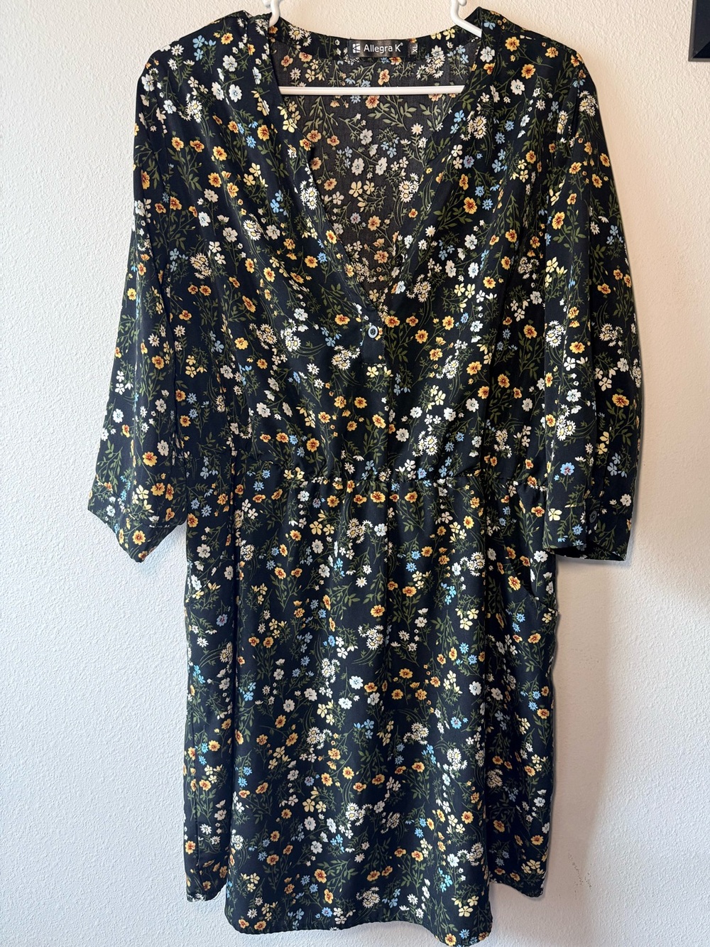 Allegra K Black Floral Midi Dress with V-Neck